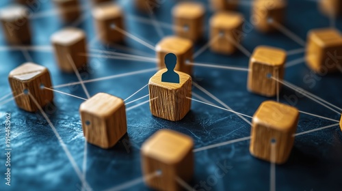Wooden Blocks Connected as Network with Person Icons, Team Collaboration and Innovation Concept on Grey Background
