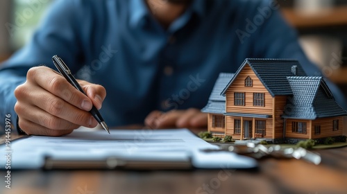 Real Estate Professional Signing Home Purchase Contract with Keys and Miniature House Model on Office Desk