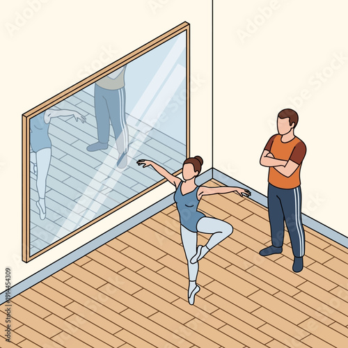 Ballet dancer practicing in front of a large mirror with a coach.