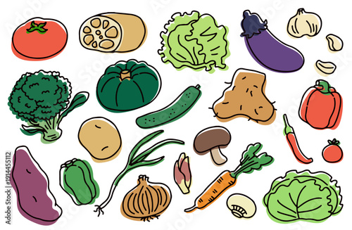 たくさんの野菜やキノコのイラストセット