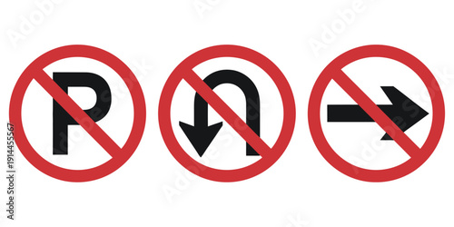 No parking, no U-turn, and no right turn traffic signs, vector illustration of prohibition symbols, perfect for road safety graphics, city maps, traffic management,