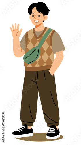 Stylish Young Man Waving Hand with Crossbody Bag Flat Vector Illustration Isolated on Transparent Background