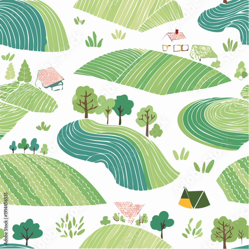 Farm field abstract seamless pattern. Green Tuscany agriculture landscape texture. French vineyard patern. Organic lines patchwork bg.