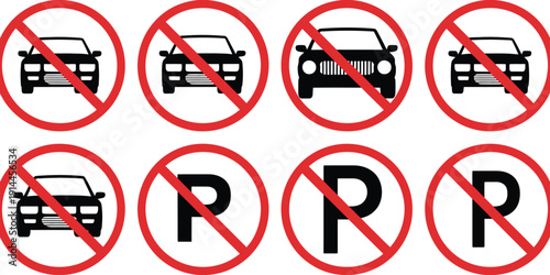No parking and no vehicle entry vector icon set, including car and parking prohibition symbols, perfect for traffic signage, city maps, road safety illustrations