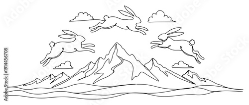 Three rabbits jumping over high mountain peaks under clouds in continuous line art style
