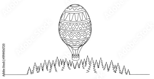 Decorative hot air balloon with patterns flying over a pine forest in one line drawing style
