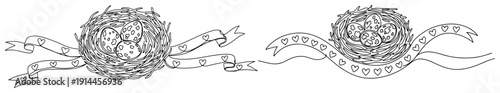 Bird nests with speckled eggs and decorative heart ribbons in continuous line art style