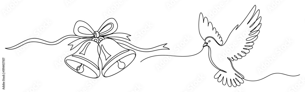 Fototapeta premium Flying dove and wedding bells with ribbon in continuous line art style