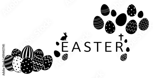 Black silhouette Easter eggs composition with central text and holiday symbols