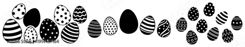 Horizontal banner border with decorated black and white Easter eggs in flat silhouette style