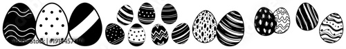 Decorative horizontal border design featuring various patterned Easter eggs in black and white flat style