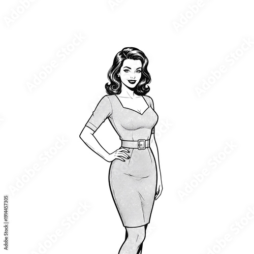 Beautiful woman standing in western outfit engraving style flat vector design