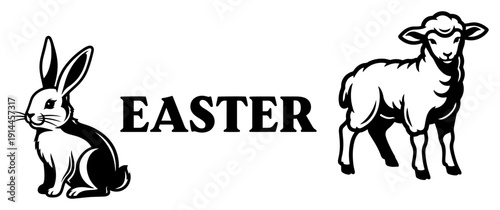 Vintage style Easter illustration featuring a rabbit and a lamb with decorative text