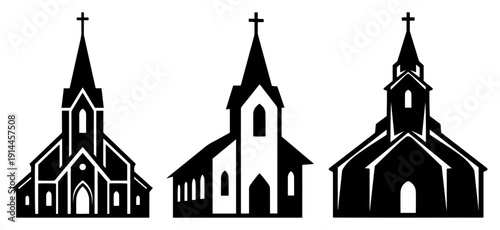 Set of black church building silhouettes with crosses on the spires