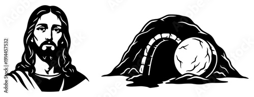 Portrait of Jesus Christ and the empty tomb with stone rolled away in black and white silhouette style