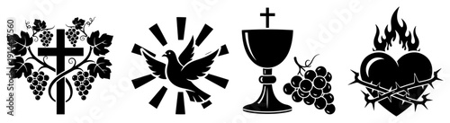 Christian religious symbols set including cross with grapes dove of peace chalice and sacred heart