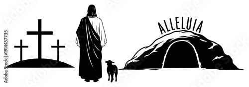 Easter resurrection scene with Jesus empty tomb and three crosses on a hill