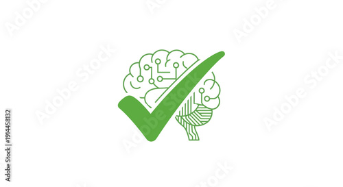 Green Checkmark Brain Illustration Symbol.