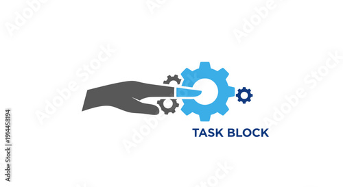 Hand holding gear with task block text.