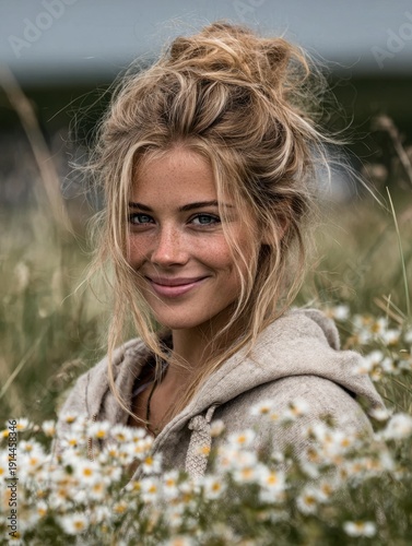 A woman with curly blonde hair smiles amidst a vibrant field of white flowers.