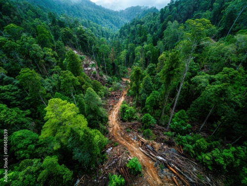 An aerial view shows a dense forest with a dirt path winding through lush greenery and fallen branches.
