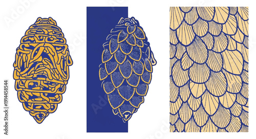 Luxury Hop Cone Art Deco Triptych Vector Set for Premium Branding