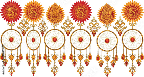 Intricate Tribal Dreamcatcher Illustration with Ornate Gold Mandalas Red Gemstones and Traditional Indian Paisley Patterns Hanging on White Background for Ethnic Cultural Decorative Design.