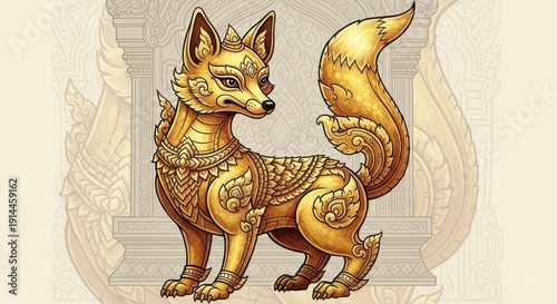 Golden Fox Guardian - A Detailed Digital Illustration of a Mythical Creature.