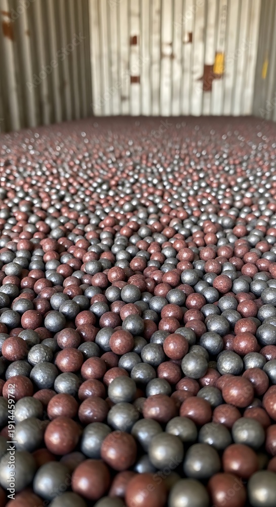 Fototapeta premium Varied colored metallic pellets fill a vast industrial container. Mining, Industry & Environment