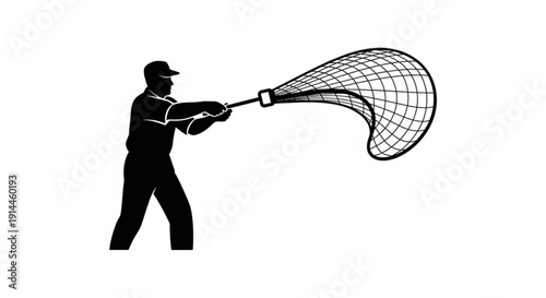 Man catching something with large net in dynamic motion