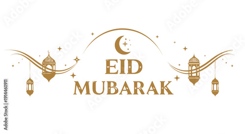 Elegant Eid Mubarak Greeting with Lanterns and Crescent Moon