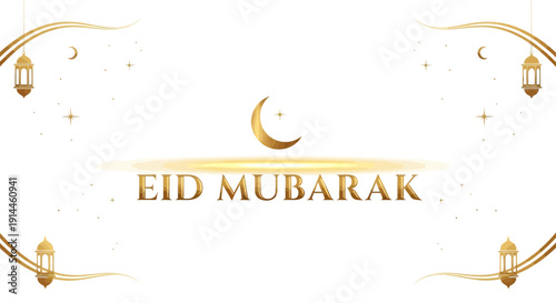 Elegant Eid Mubarak Greeting Card with Golden Crescent Moon and Lanterns