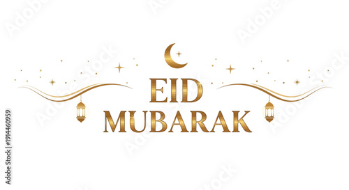 Eid Mubarak Greeting with Crescent Moon and Lanterns