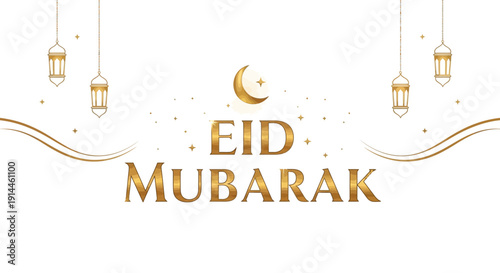 Elegant Eid Mubarak Greeting Card with Golden Crescent and Lanterns