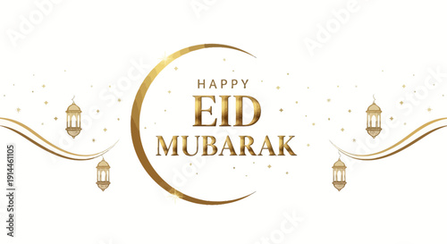 Elegant Eid Mubarak Greeting with Lanterns and Crescent Moon
