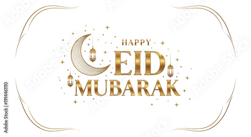 Elegant Eid Mubarak Greeting Card with Crescent Moon and Lanterns