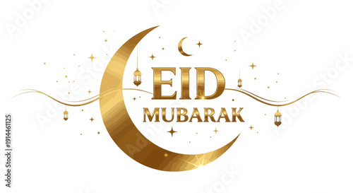 Eid Mubarak Celebration with Golden Crescent Moon and Lanterns