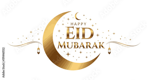 Elegant Eid Mubarak Golden Crescent Moon and Stars Illustration