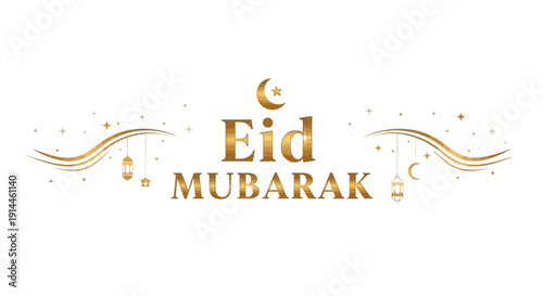 Eid Mubarak Greeting with Elegant Gold Text and Festive Decorative Elements