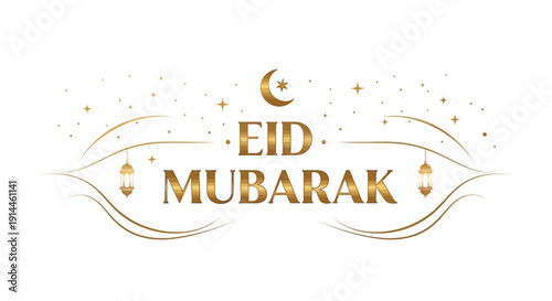 Eid Mubarak Celebration Greeting with Lanterns and Moon