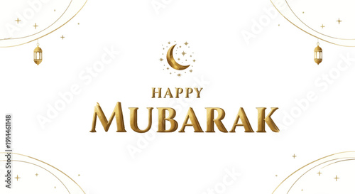 Elegant Happy Eid Mubarak Greeting Card with Gold Text and Crescent Moon