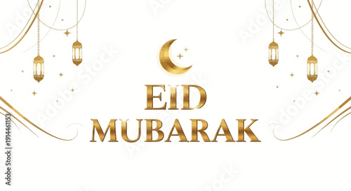 Beautiful Eid Mubarak Greeting with Lanterns and Crescent Moon