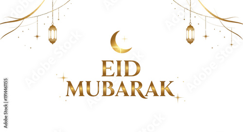 Elegant Eid Mubarak greeting with golden moon and lanterns