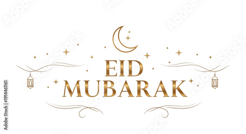 Elegant Eid Mubarak Greeting with Gold Text and Celebration Symbols
