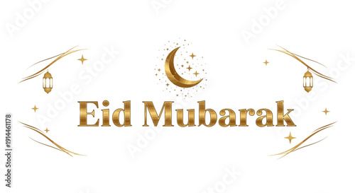 Eid Mubarak Celebration Greeting with Lanterns and Moon