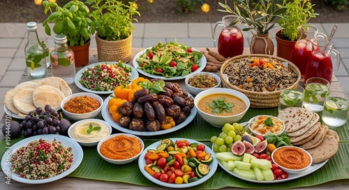 Abundant Outdoor Mezze Platter Feast with Variety of Healthy Middle Eastern Dishes Fruits Vegetables and Grains Illuminated by Soft Evening Light