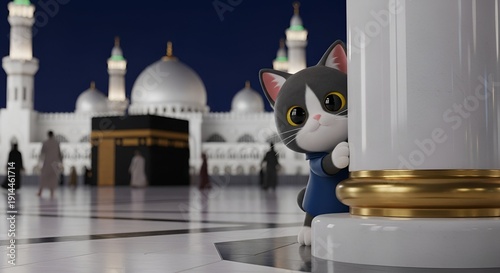 Adorable cartoon cat wearing a blue outfit peeking from behind a marble pillar in front of the Kaaba and a mosque at night with soft lighting