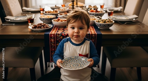 Adorable Toddler Boy Holds Empty Plate at Extravagantly Set Dining Table Laden With Delicious Dishes Ready for a Feast Warm Interior Lighting