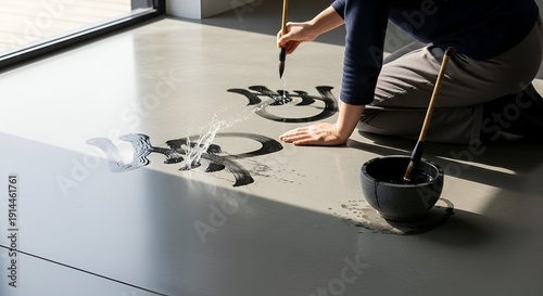 Artist Kneeling on Gray Floor Practicing Japanese Calligraphy With Black Ink and Brush Creating Abstract Black Characters With Water Splashes Natural Light Illuminating the Scene