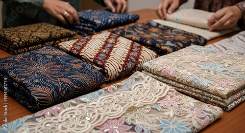 Assortment of Folded Batik Fabrics Displayed on a Wooden Table Illuminated by Soft Light Showing Intricate Patterns and Diverse Color Palettes with Hands Arranging Them